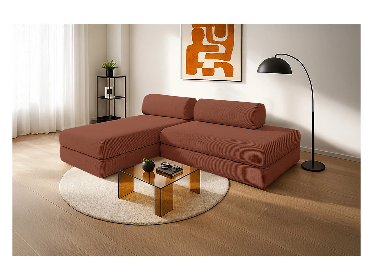 Canapé d'angle modulable et convertible 5 places - Velours côtelé - Terracotta