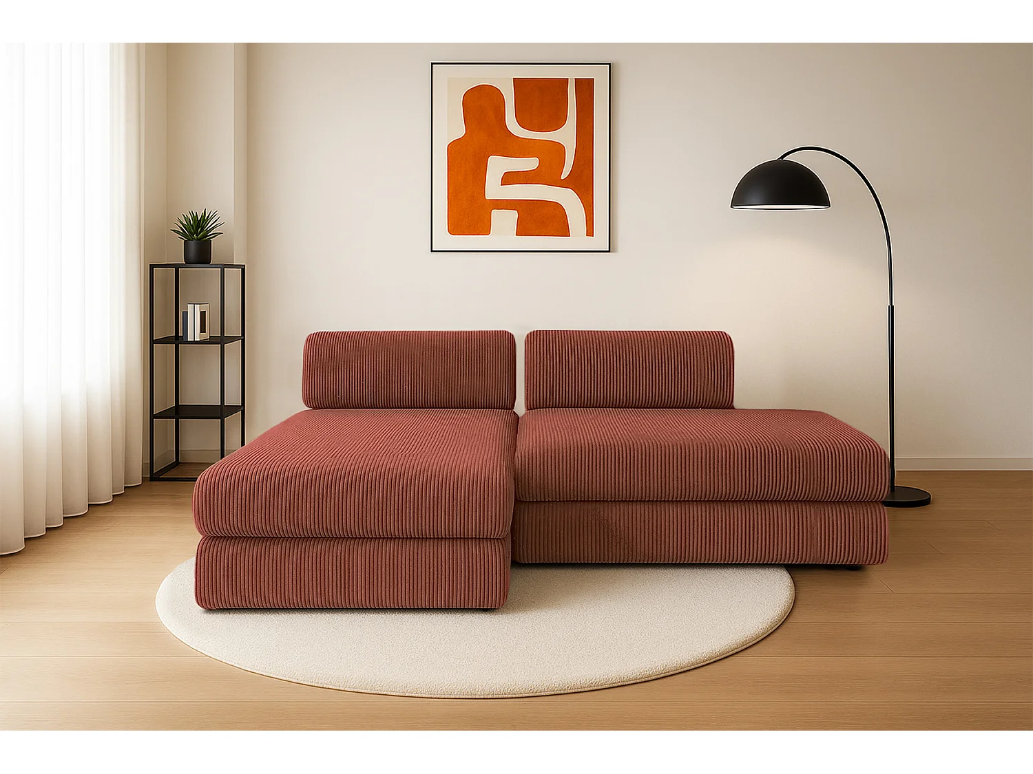 Canapé d'angle modulable et convertible 5 places - Velours côtelé - Terracotta