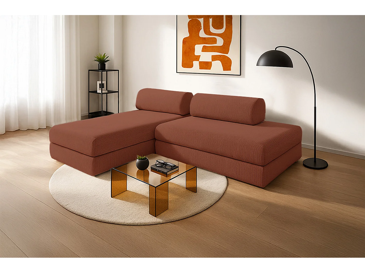 Canapé d'angle modulable et convertible 5 places - Velours côtelé - Terracotta