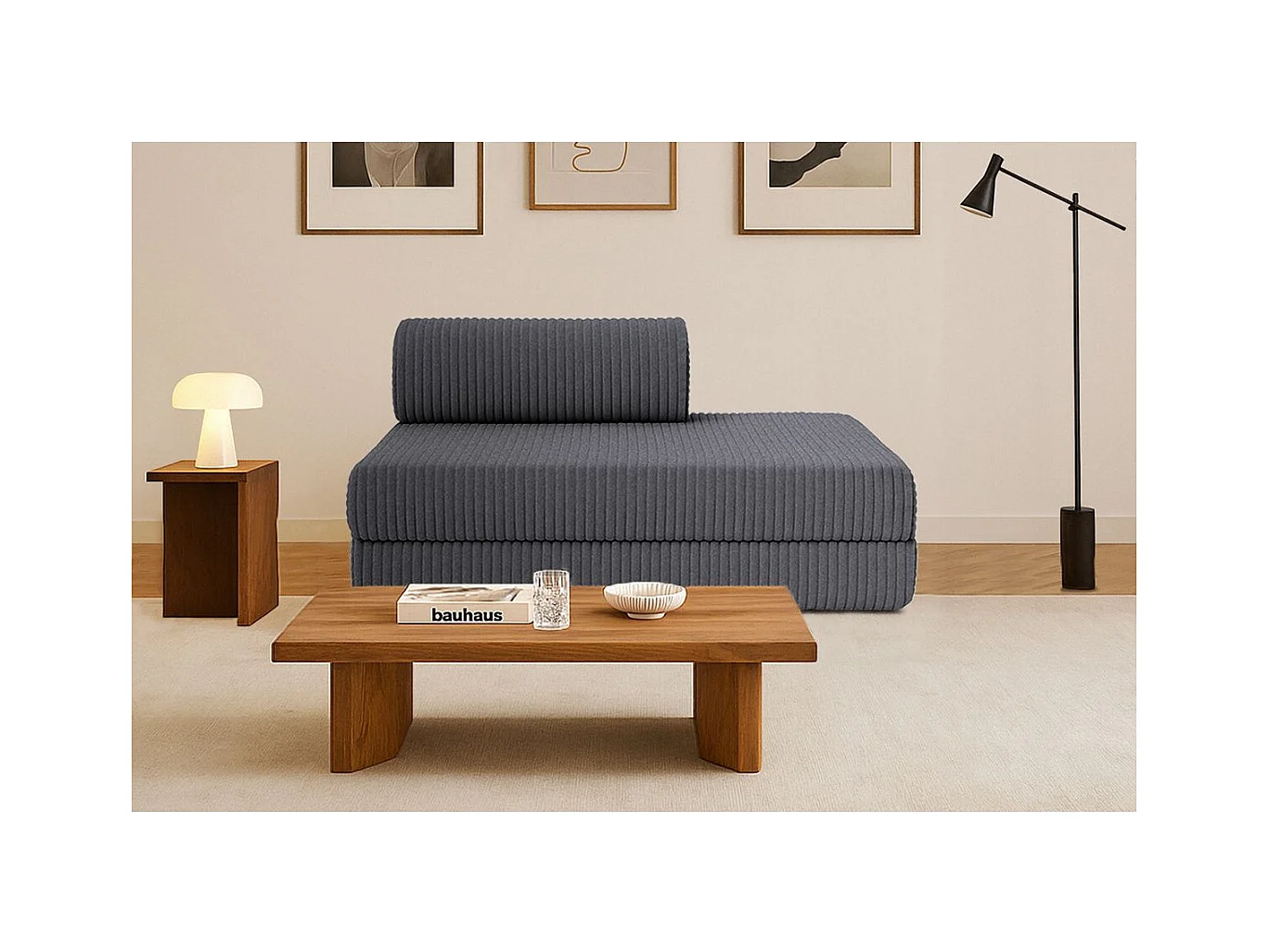 Canapé droit modulable et convertible 2 places - Velours côtelé XL - Gris