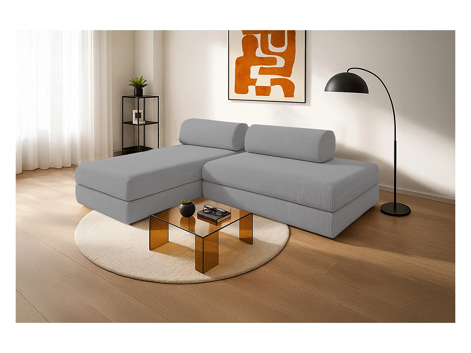 Canapé d'angle modulable et convertible 5 places - Velours côtelé - Gris clair