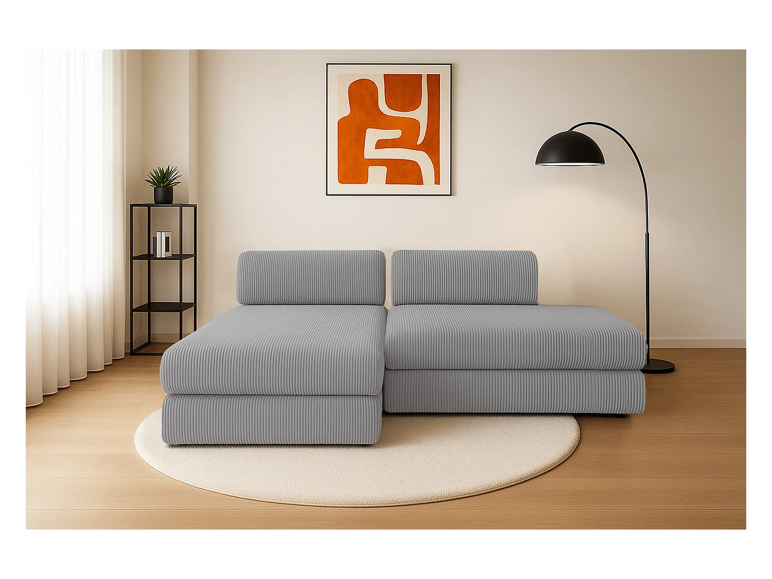 Canapé d'angle modulable et convertible 5 places - Velours côtelé - Gris clair