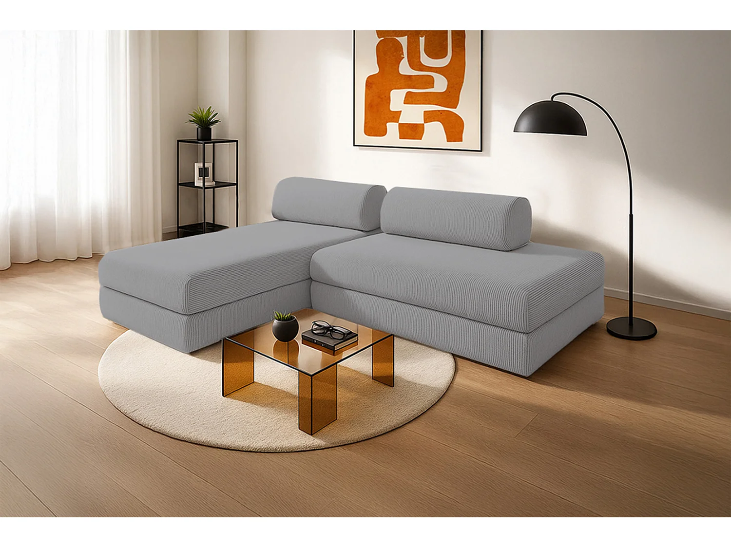 Canapé d'angle modulable et convertible 5 places - Velours côtelé - Gris clair