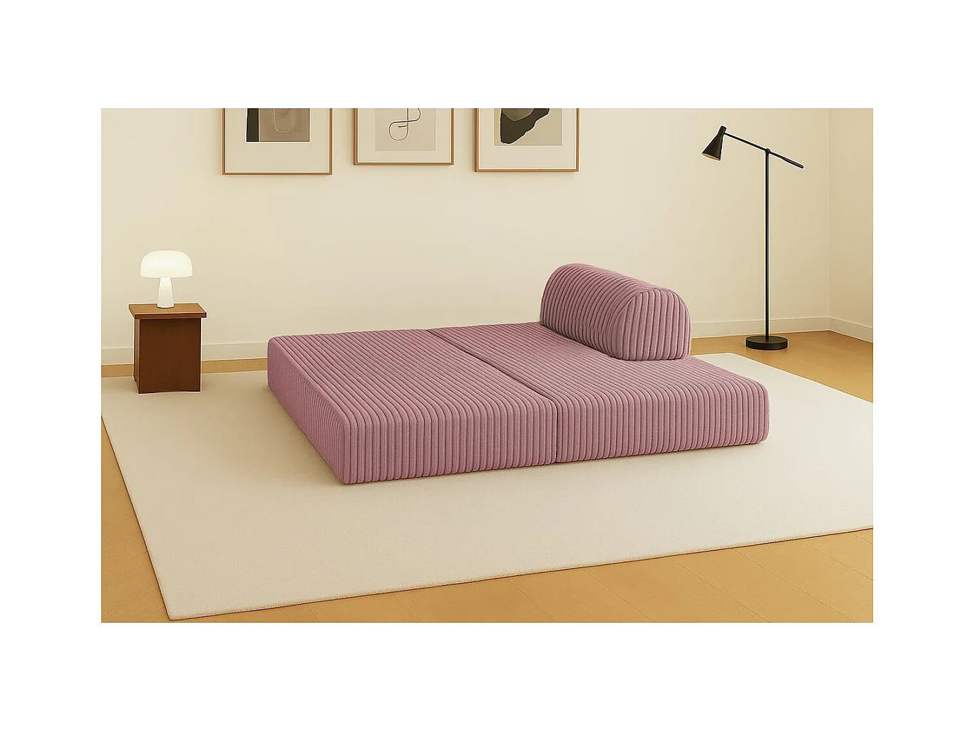 Canapé droit modulable et convertible 2 places - Velours côtelé XL - Rose