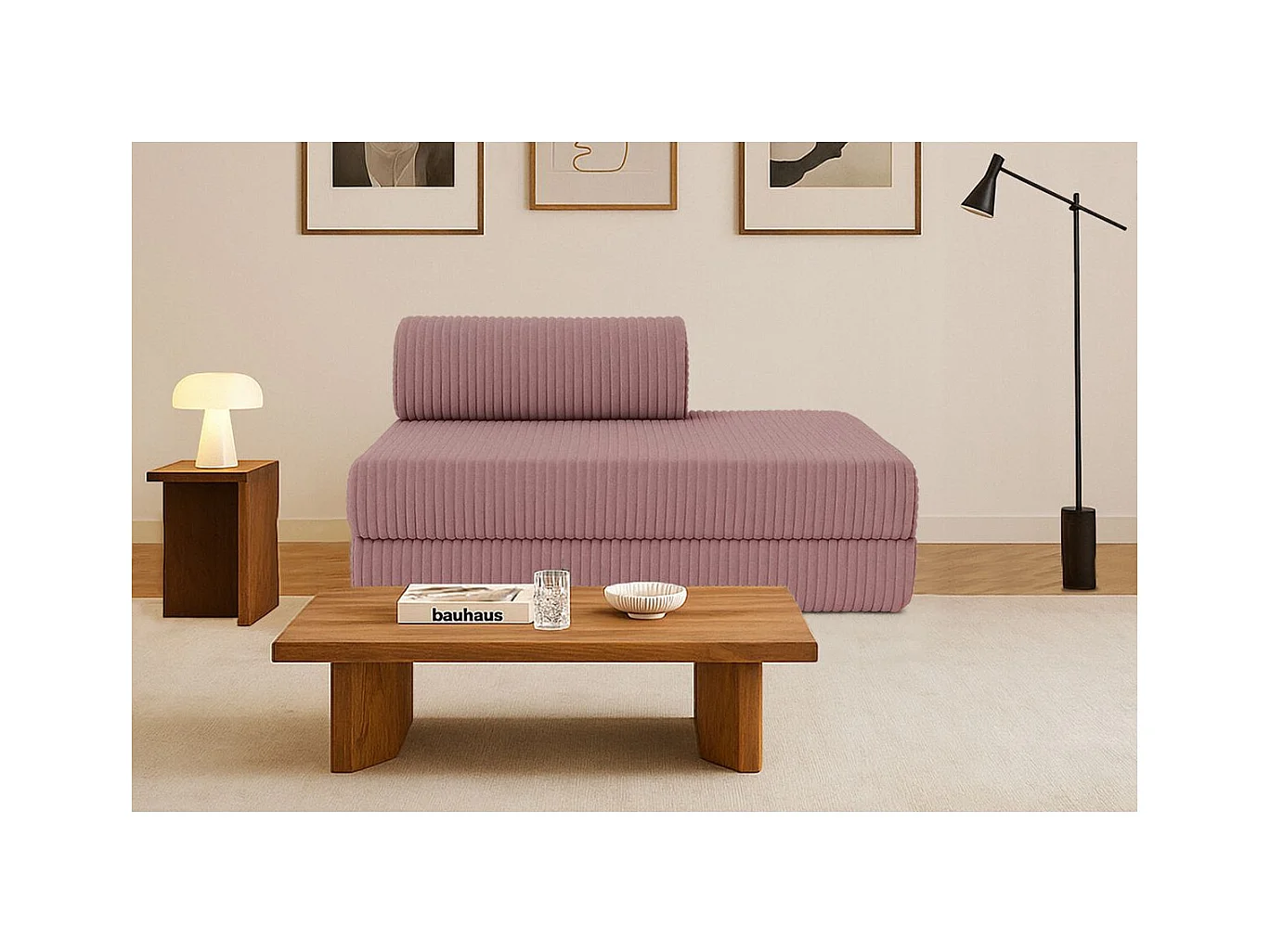 Canapé droit modulable et convertible 2 places - Velours côtelé XL - Rose