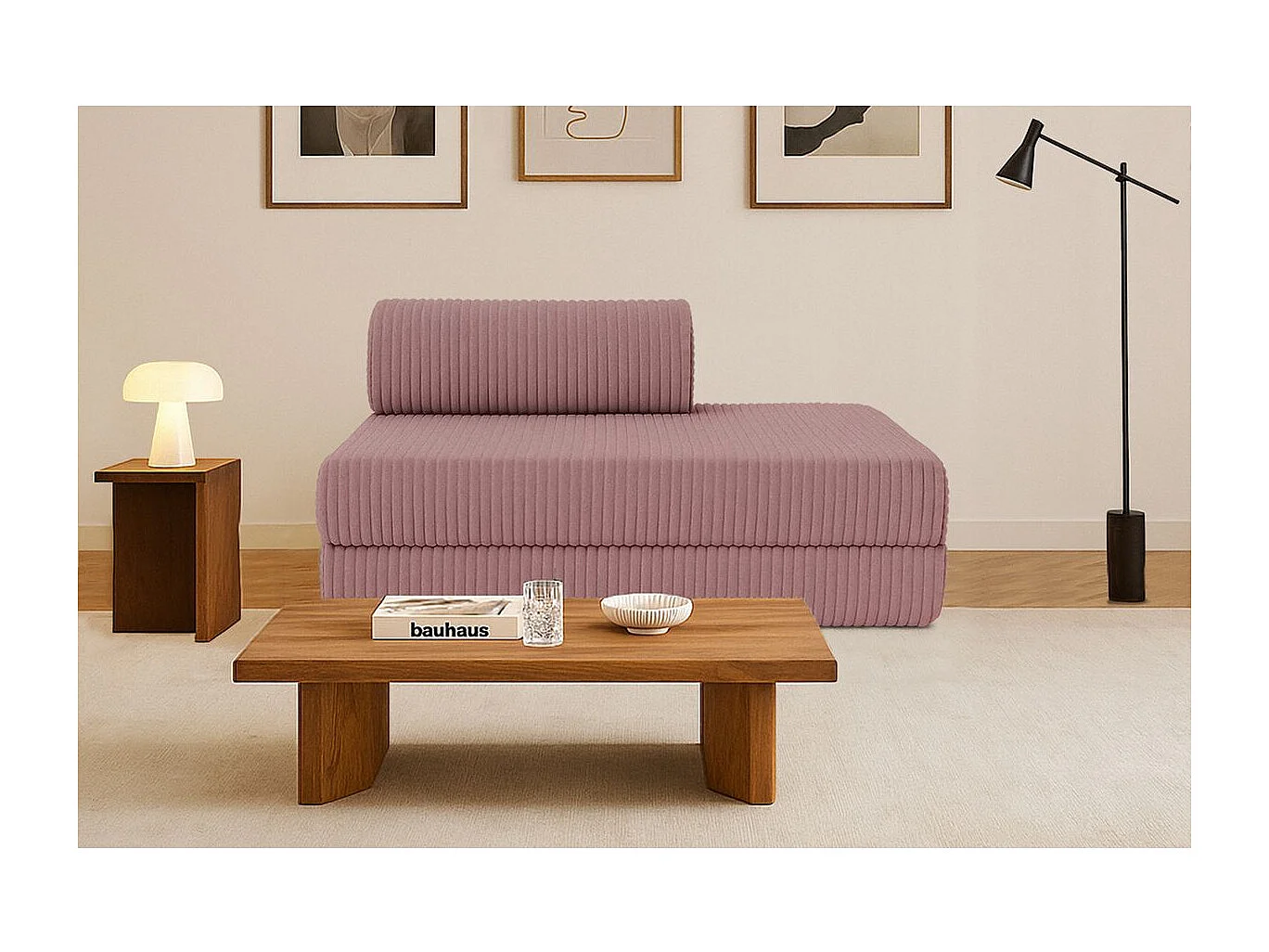 Canapé droit modulable et convertible 2 places - Velours côtelé XL - Rose