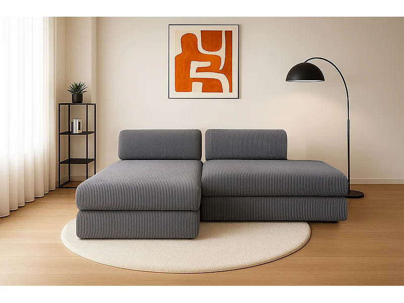 Canapé d'angle modulable et convertible 5 places - Velours côtelé - Gris