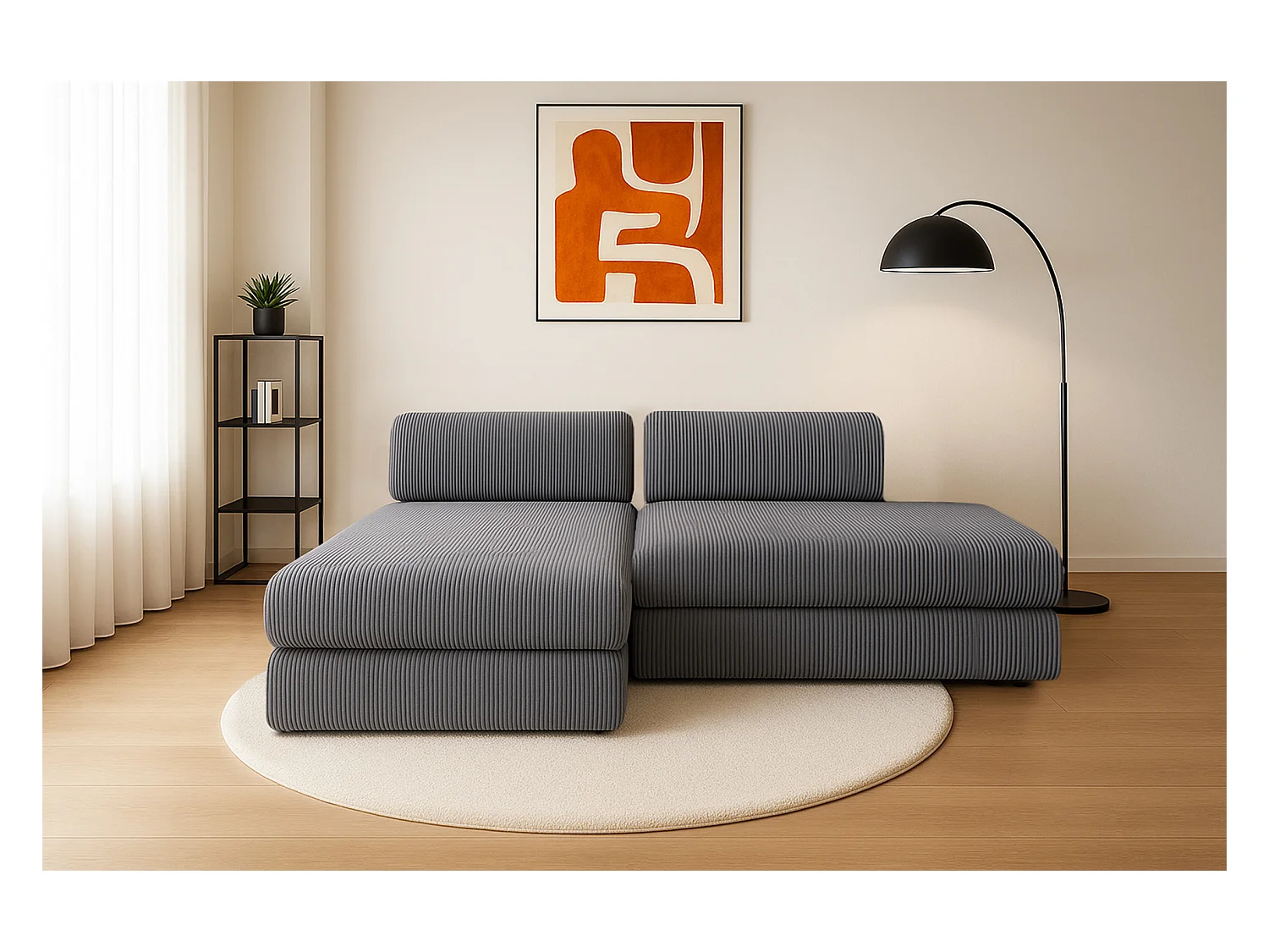 Canapé d'angle modulable et convertible 5 places - Velours côtelé - Gris