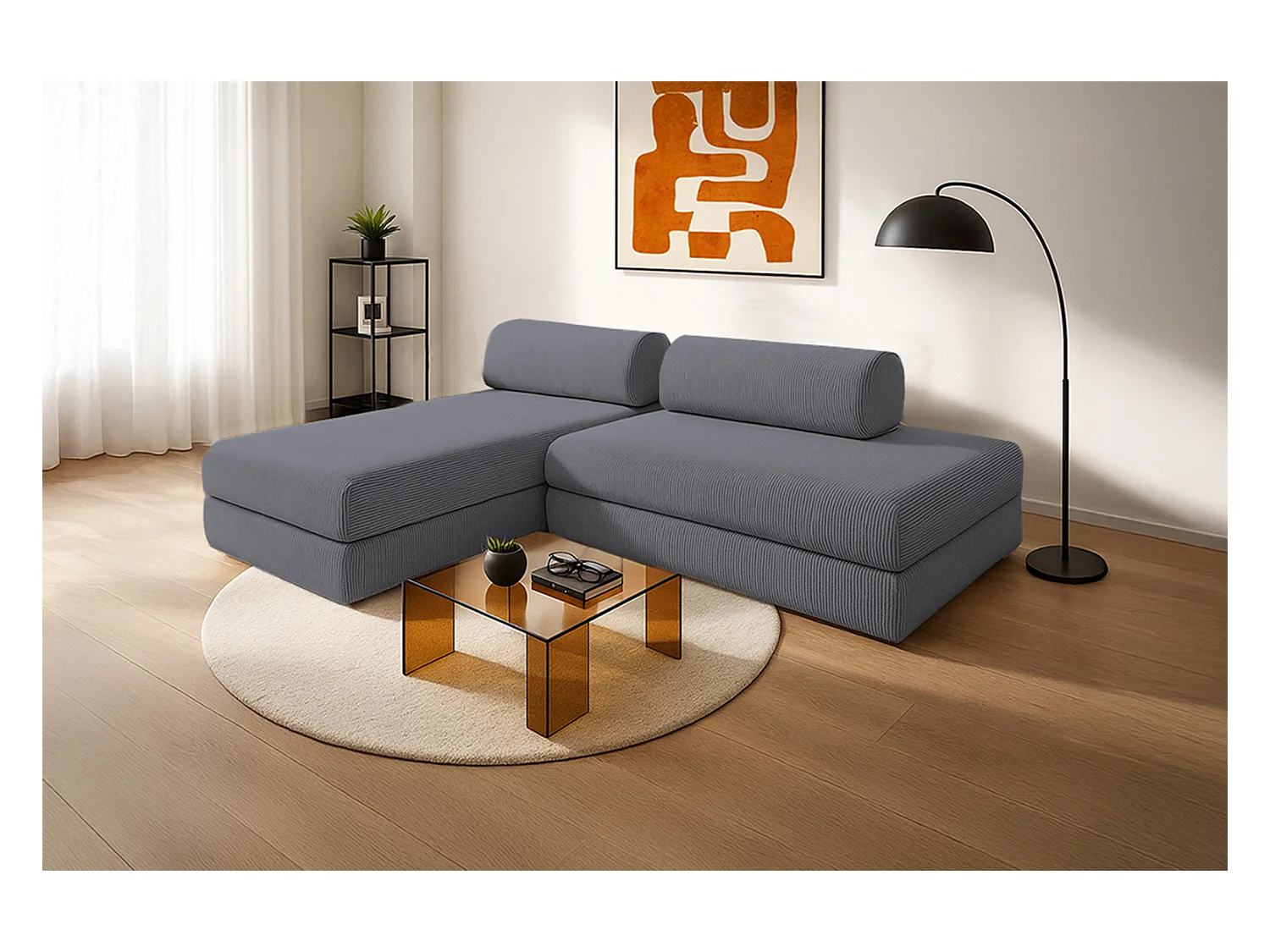 Canapé d'angle modulable et convertible 5 places - Velours côtelé - Gris