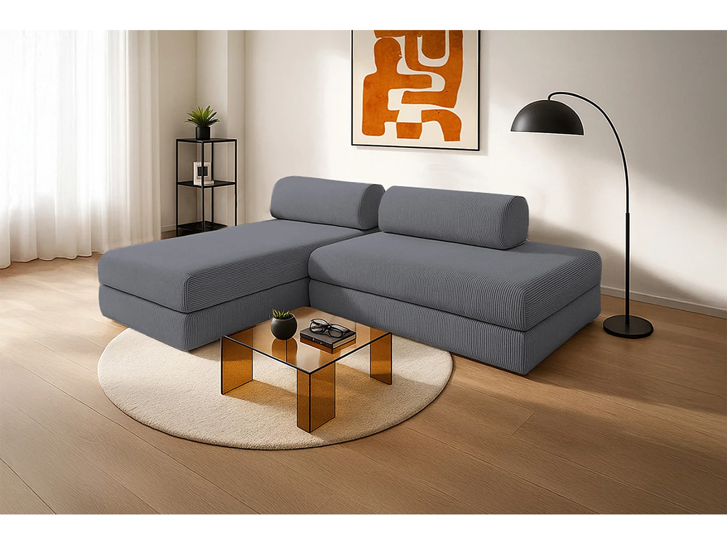 Canapé d'angle modulable et convertible 5 places - Velours côtelé - Gris