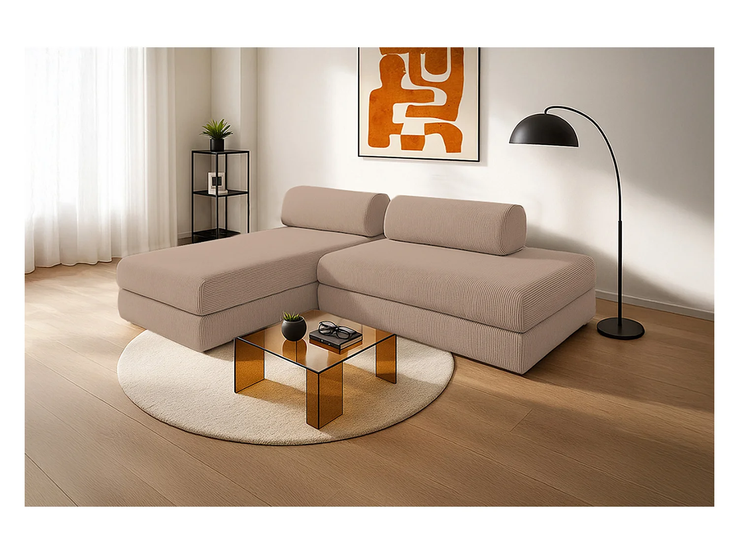 Canapé d'angle modulable et convertible 5 places - Velours côtelé - Taupe