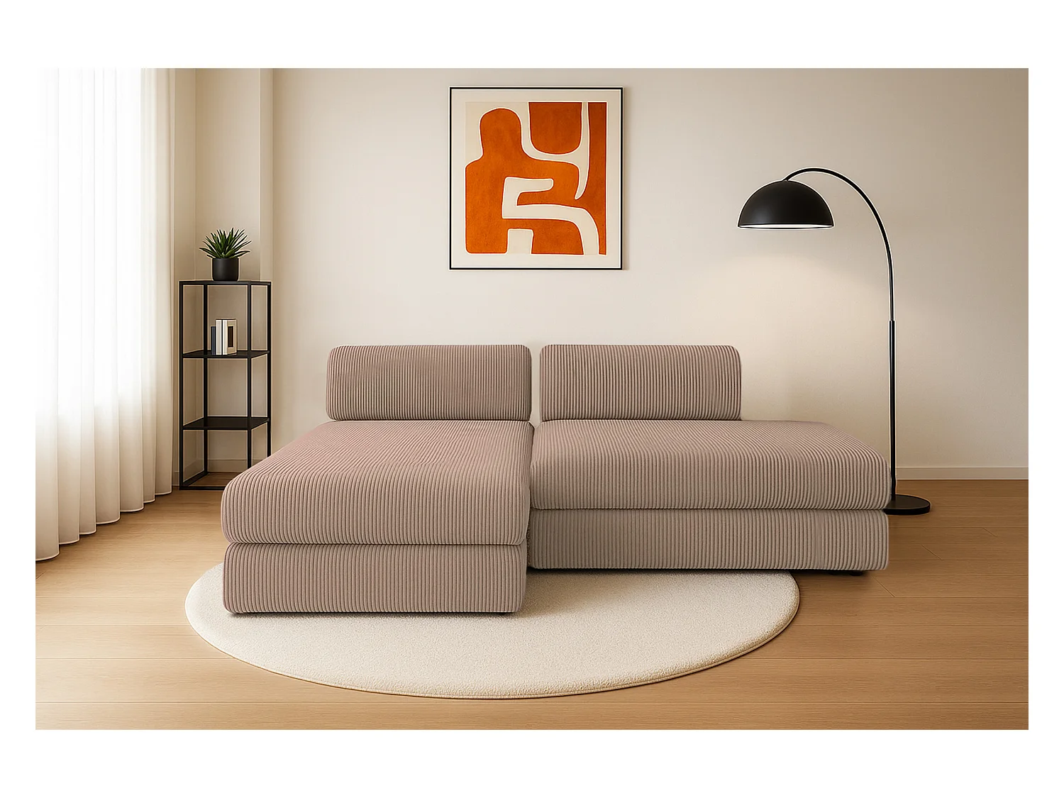Canapé d'angle modulable et convertible 5 places - Velours côtelé - Taupe