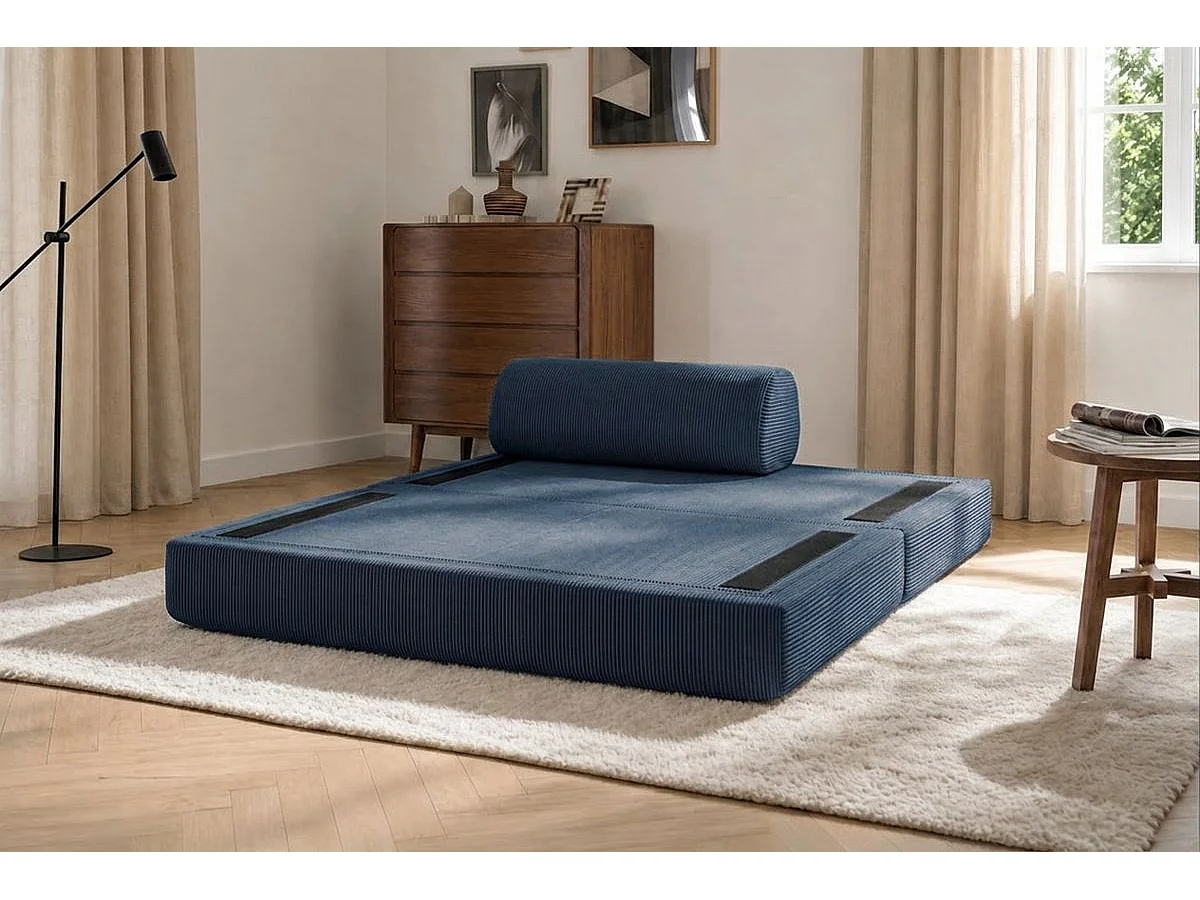 Canapé droit modulable et convertible 2 places - Velours côtelé - Bleu