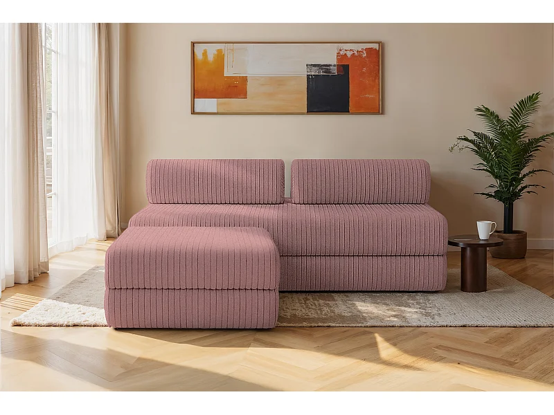 Canapé d'angle modulable et convertible 4 places - Velours côtelé XL - Rose