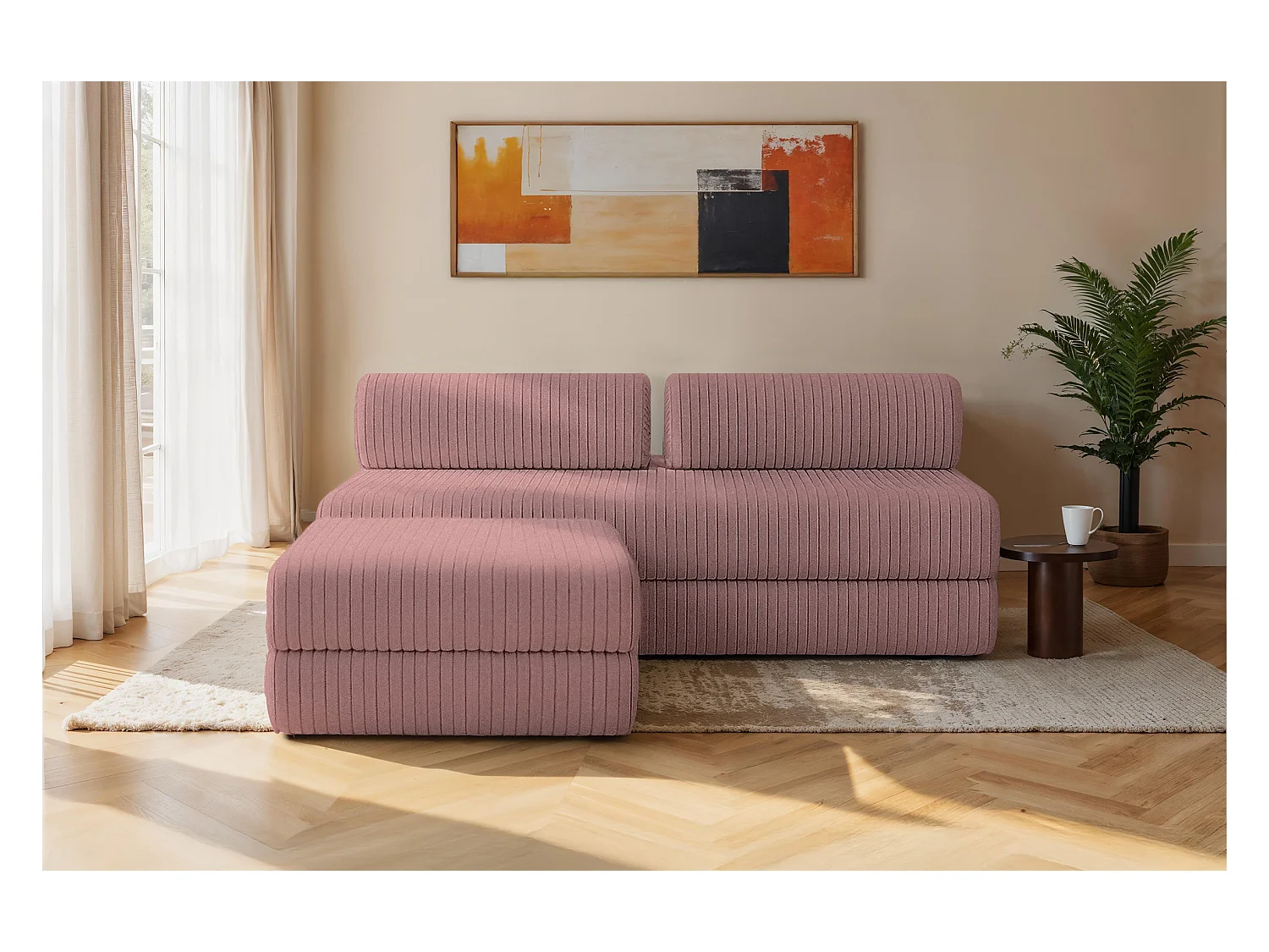Canapé d'angle modulable et convertible 4 places - Velours côtelé XL - Rose