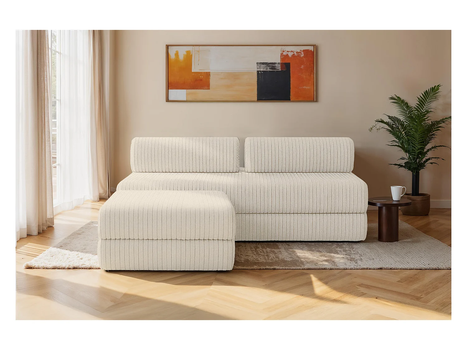 Canapé d'angle modulable et convertible 4 places - Velours côtelé XL - Blanc