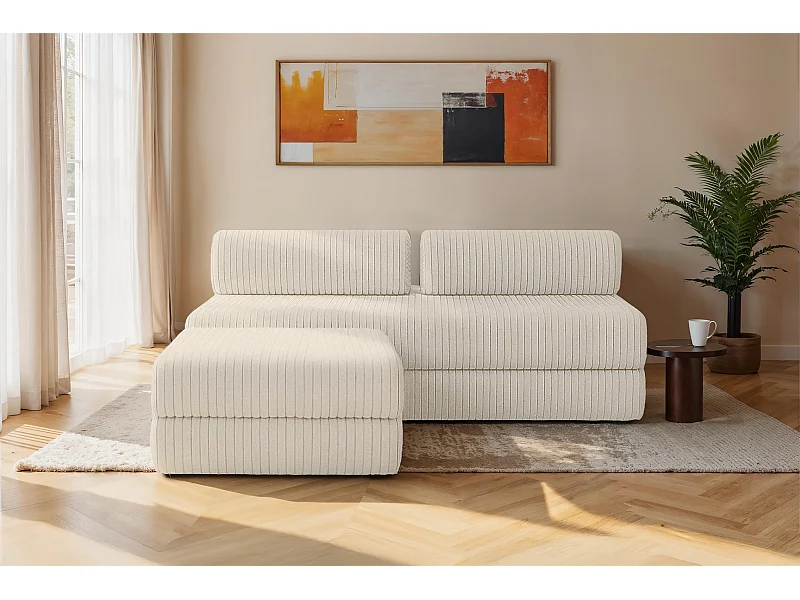 Canapé d'angle modulable et convertible 4 places - Velours côtelé XL - Blanc