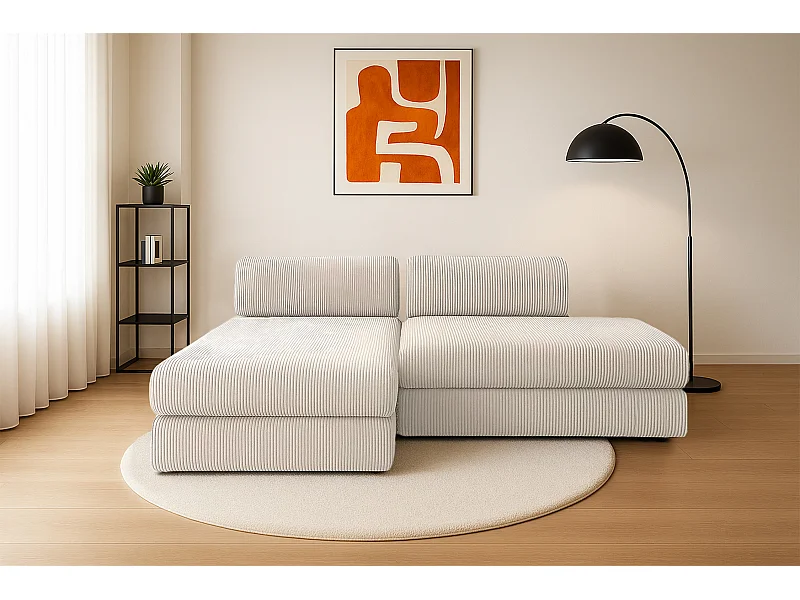 Canapé d'angle modulable et convertible 5 places - Velours côtelé - Blanc