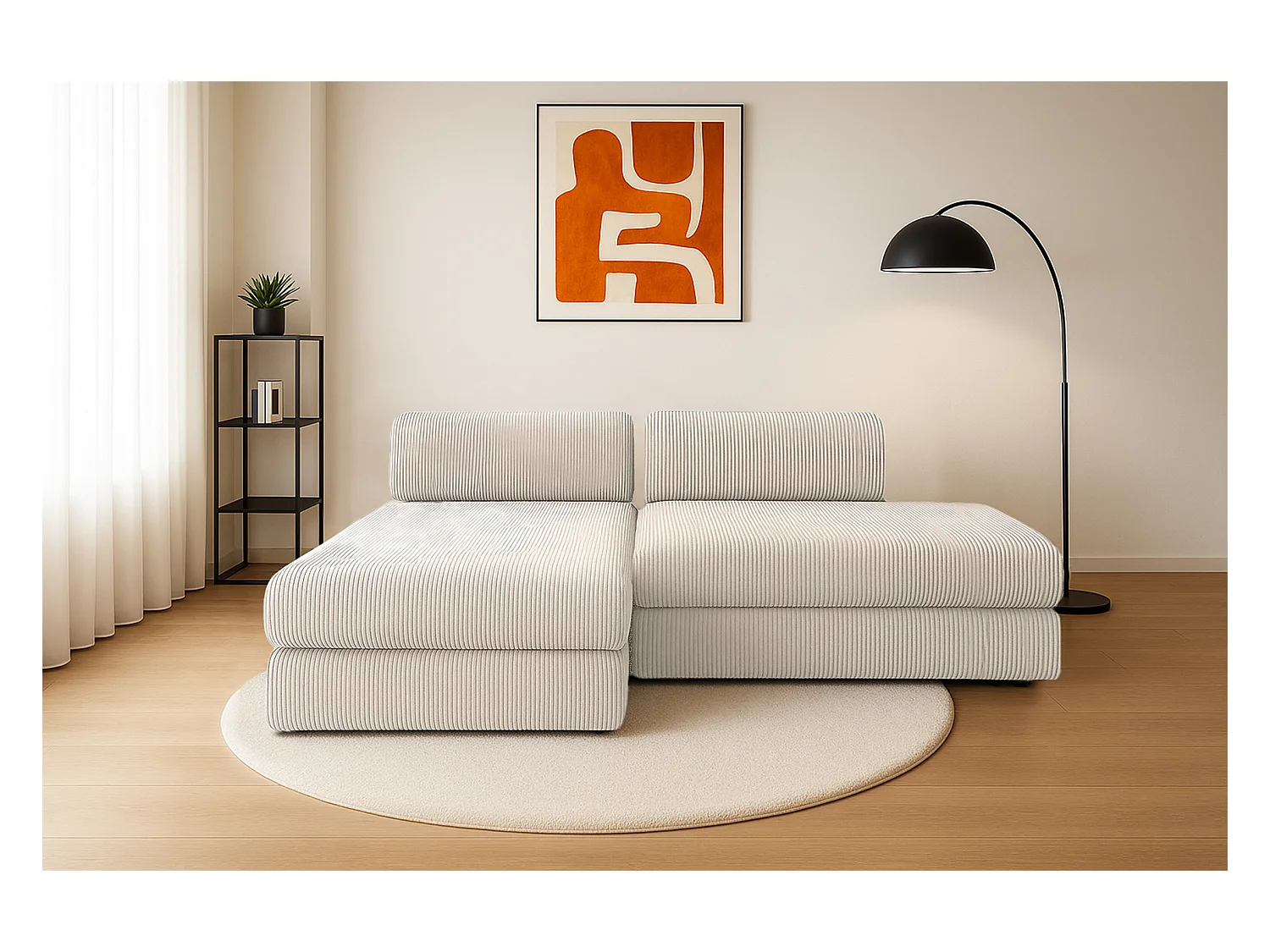 Canapé d'angle modulable et convertible 5 places - Velours côtelé - Blanc