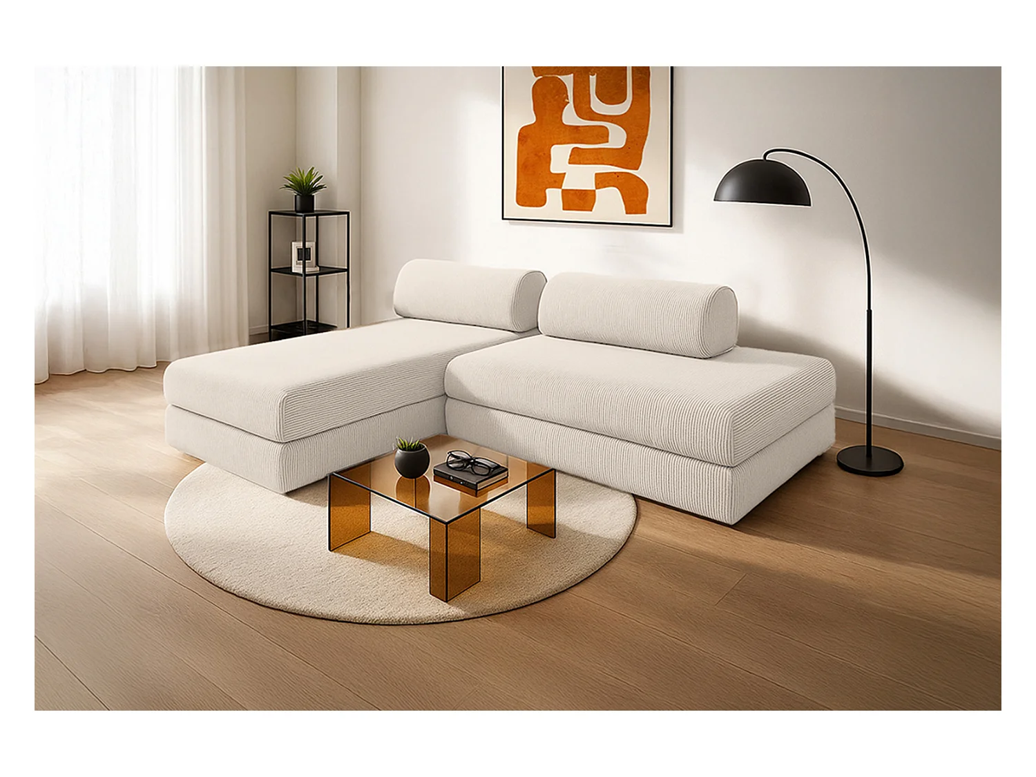 Canapé d'angle modulable et convertible 5 places - Velours côtelé - Blanc