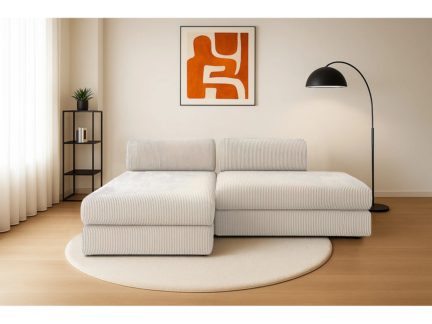 Canapé d'angle modulable et convertible 5 places - Velours côtelé - Blanc