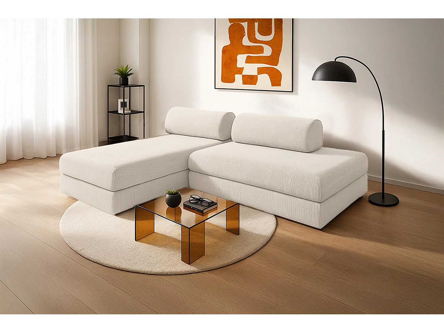 Canapé d'angle modulable et convertible 5 places - Velours côtelé - Blanc