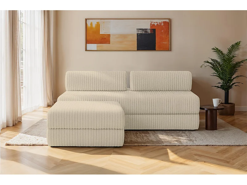 Canapé d'angle modulable et convertible 4 places - Velours côtelé XL - Beige