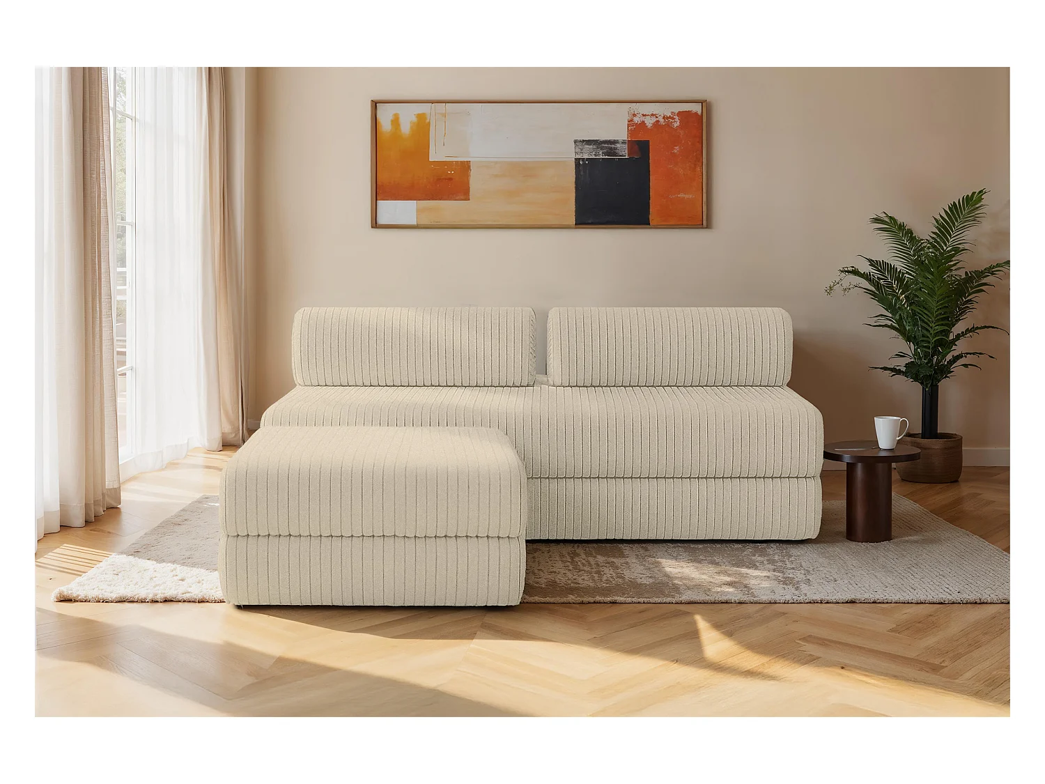 Canapé d'angle modulable et convertible 4 places - Velours côtelé XL - Beige