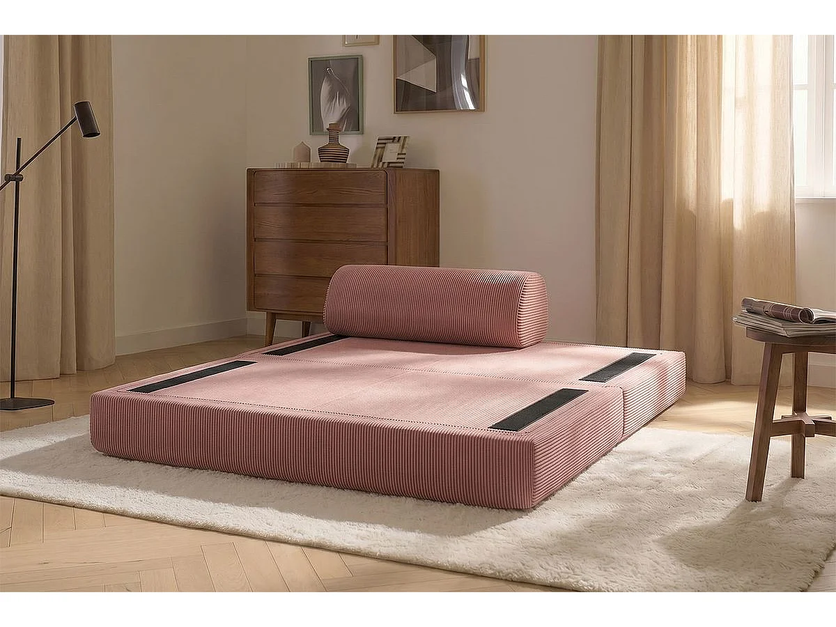 Canapé droit modulable et convertible 2 places - Velours côtelé - Rose