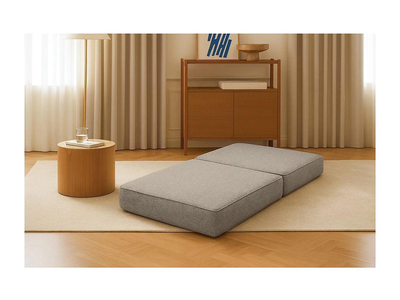 Pouf modulable et convertible - Tissu lisse - Gris clair