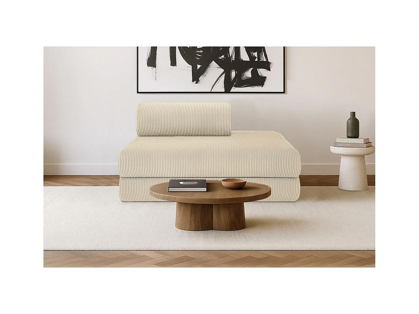 Canapé droit modulable et convertible 2 places - Velours côtelé - Beige