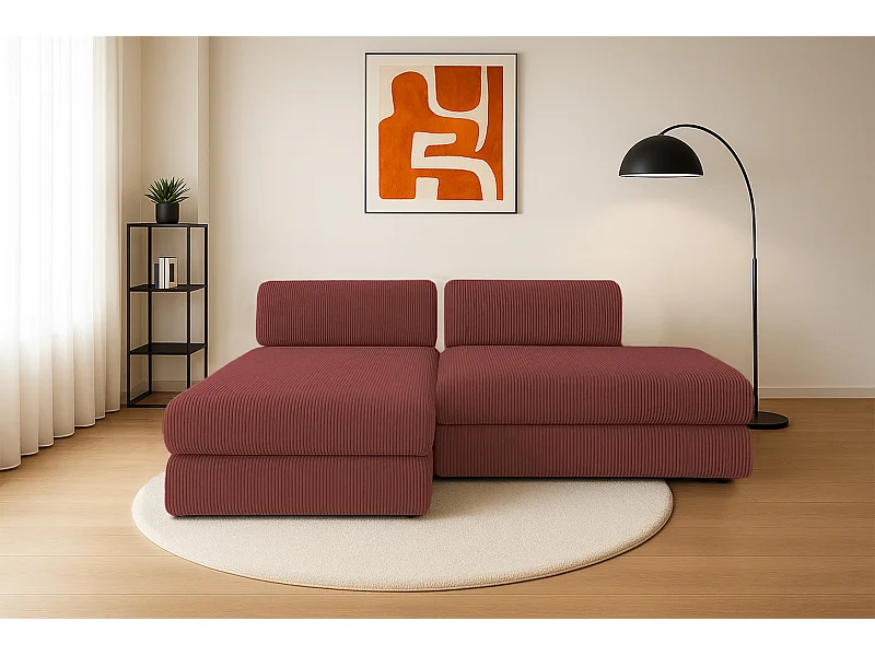 Canapé d'angle modulable et convertible 5 places - Velours côtelé - Rouge