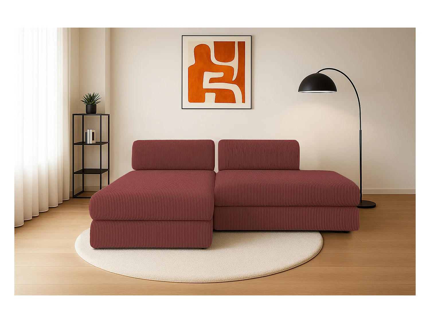 Canapé d'angle modulable et convertible 5 places - Velours côtelé - Rouge