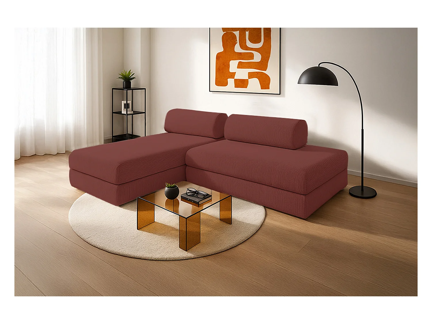 Canapé d'angle modulable et convertible 5 places - Velours côtelé - Rouge