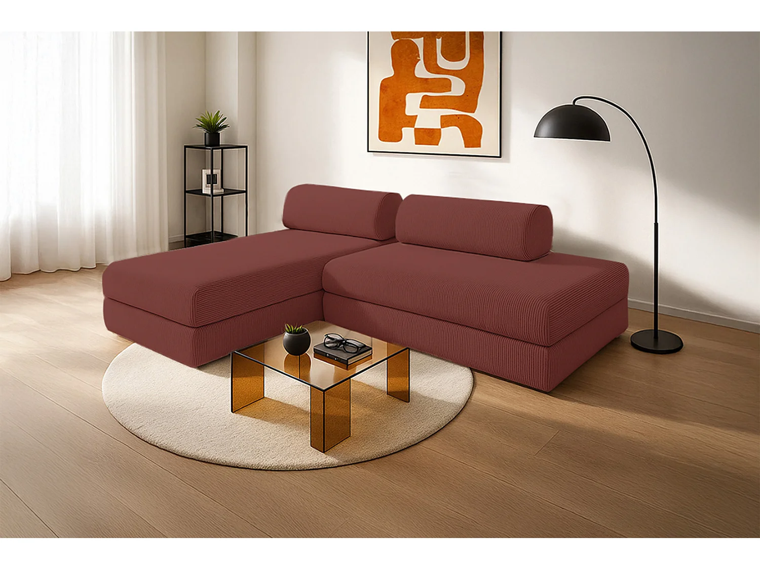 Canapé d'angle modulable et convertible 5 places - Velours côtelé - Rouge