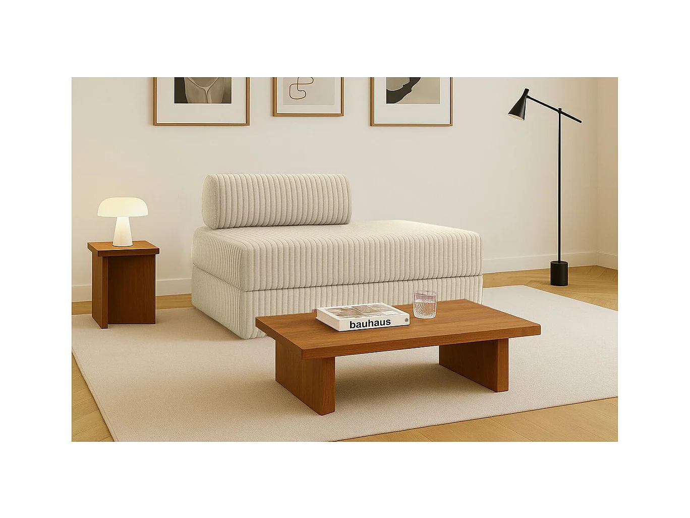 Canapé droit modulable et convertible 2 places - Velours côtelé XL - Beige