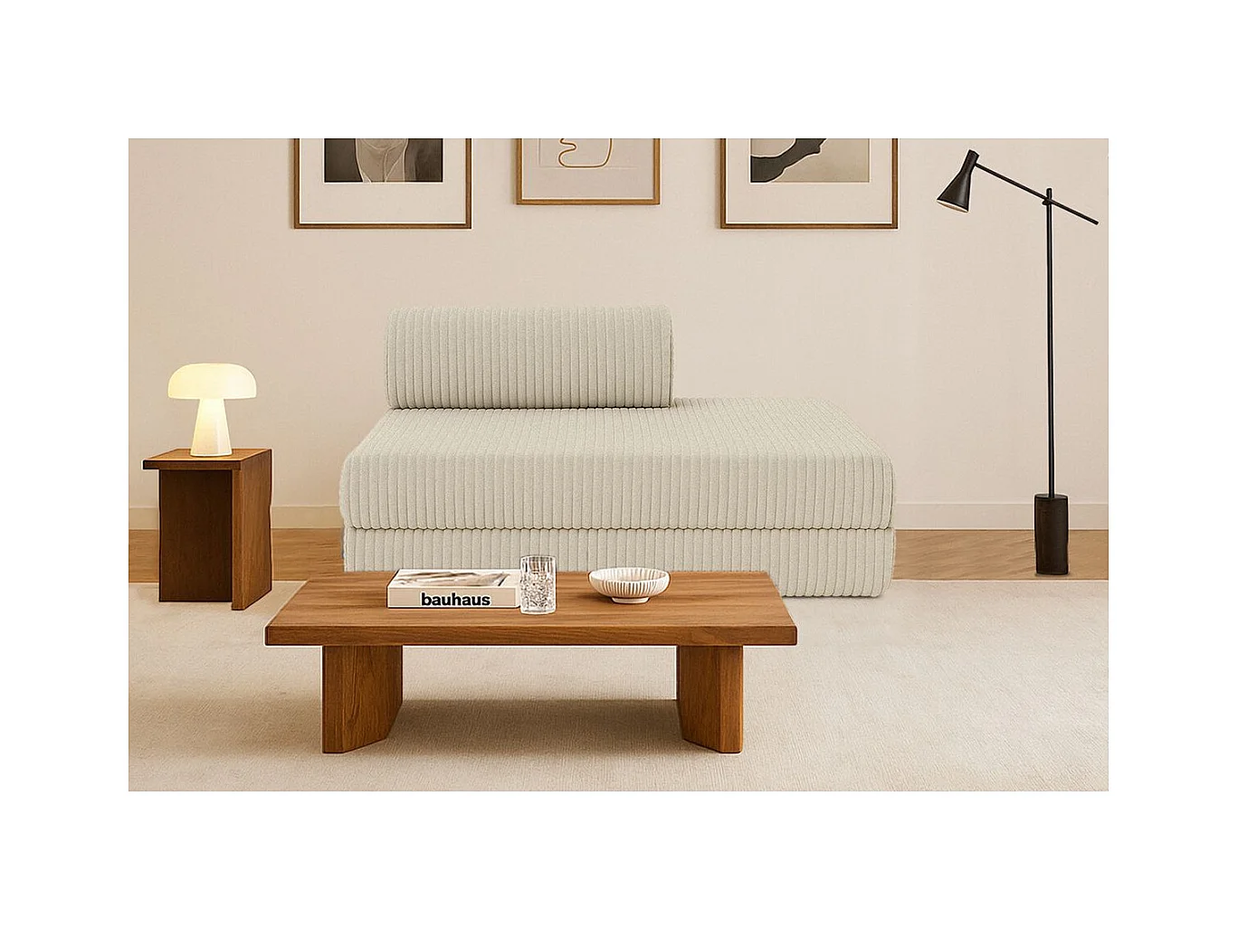 Canapé droit modulable et convertible 2 places - Velours côtelé XL - Beige