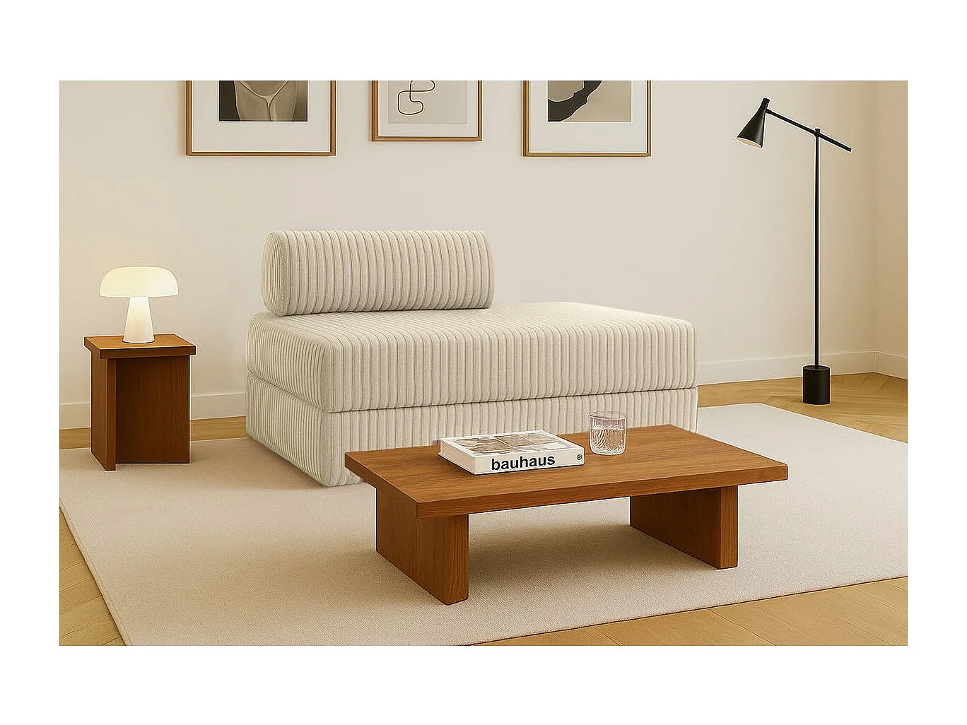 Canapé droit modulable et convertible 2 places - Velours côtelé XL - Beige