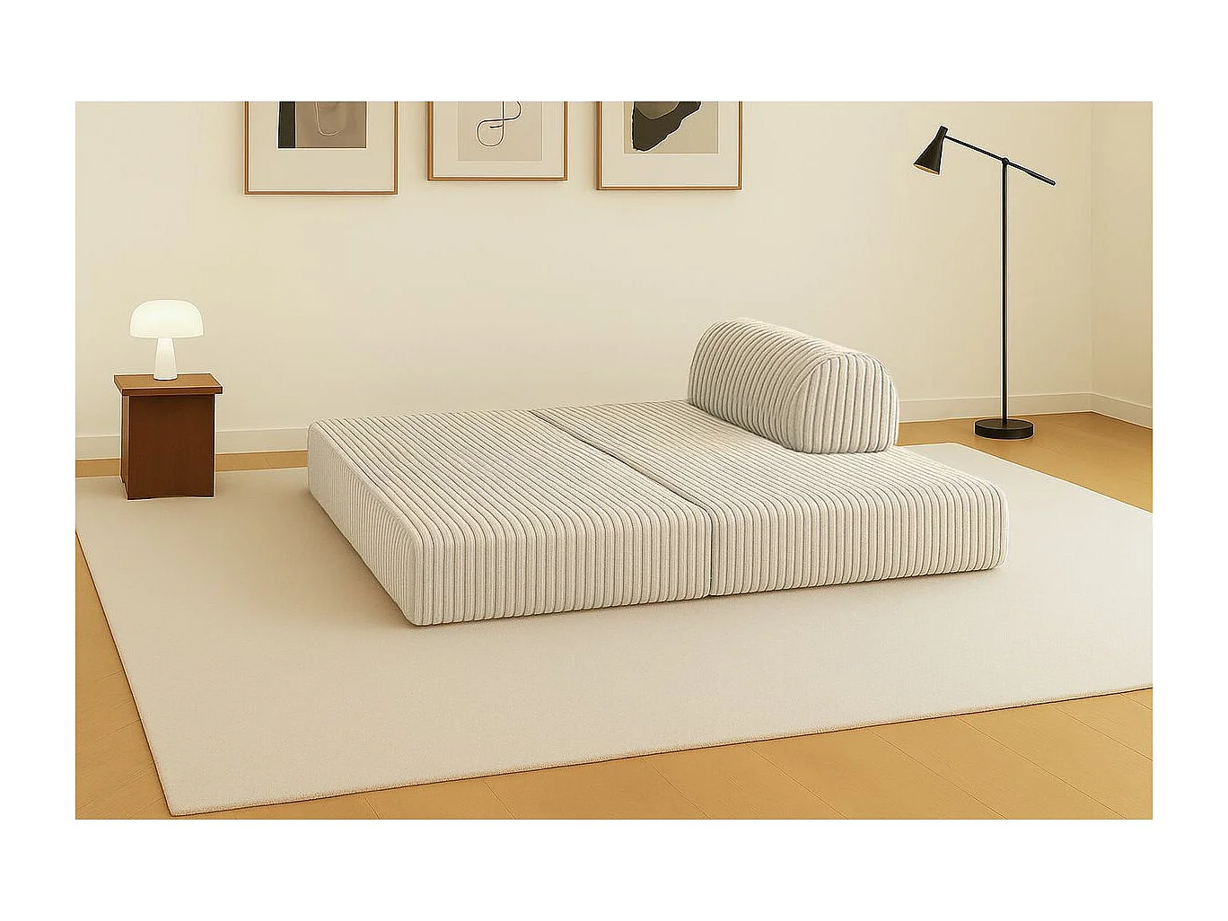 Canapé droit modulable et convertible 2 places - Velours côtelé XL - Beige