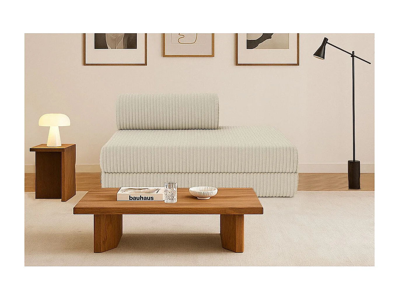 Canapé droit modulable et convertible 2 places - Velours côtelé XL - Beige