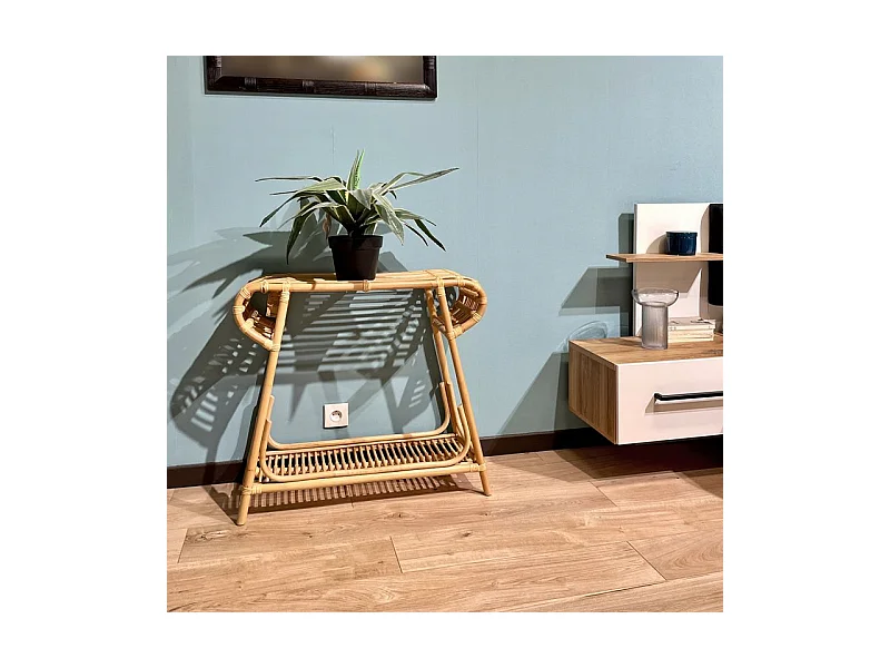 Console 80 cm forme trapèze arrondi en rotin naturel tressé – HAZEL