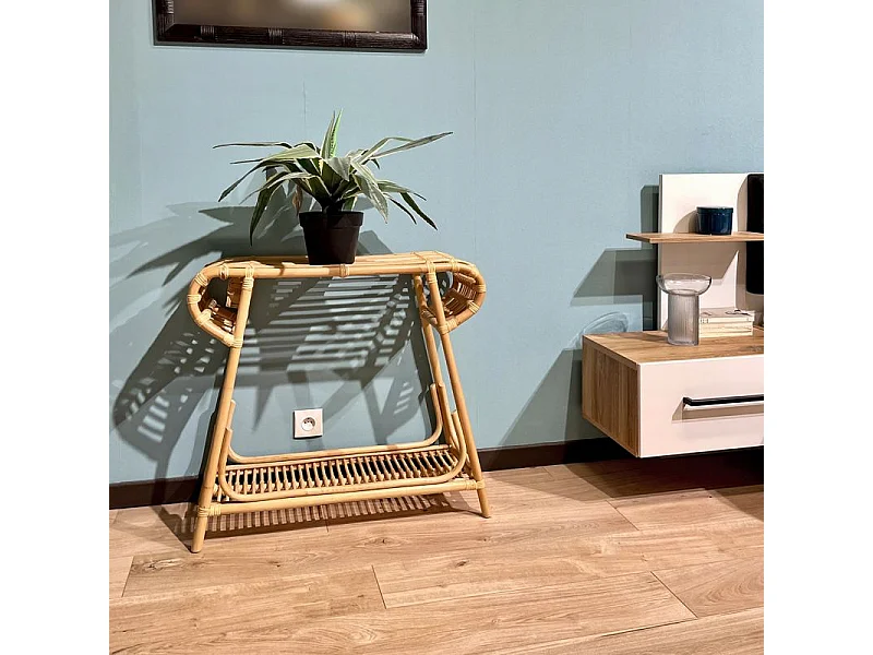 Console 80 cm forme trapèze arrondi en rotin naturel tressé – HAZEL