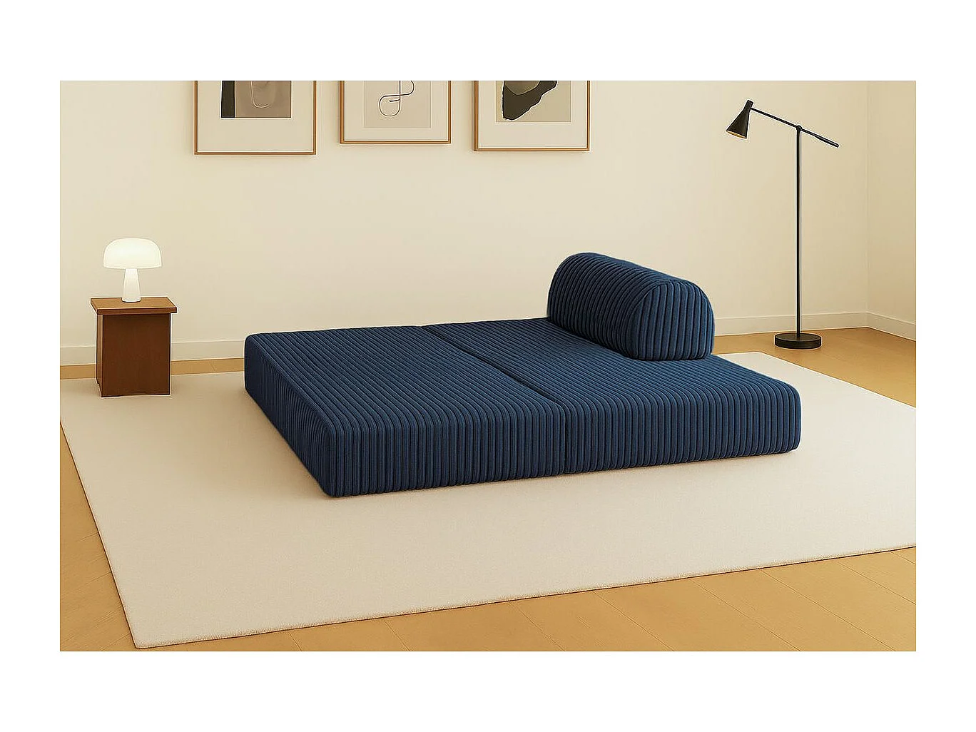 Canapé droit modulable et convertible 2 places - Velours côtelé XL - Bleu