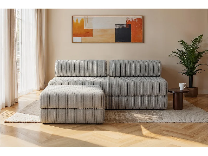 Canapé d'angle modulable et convertible 4 places - Velours côtelé XL - Gris clair