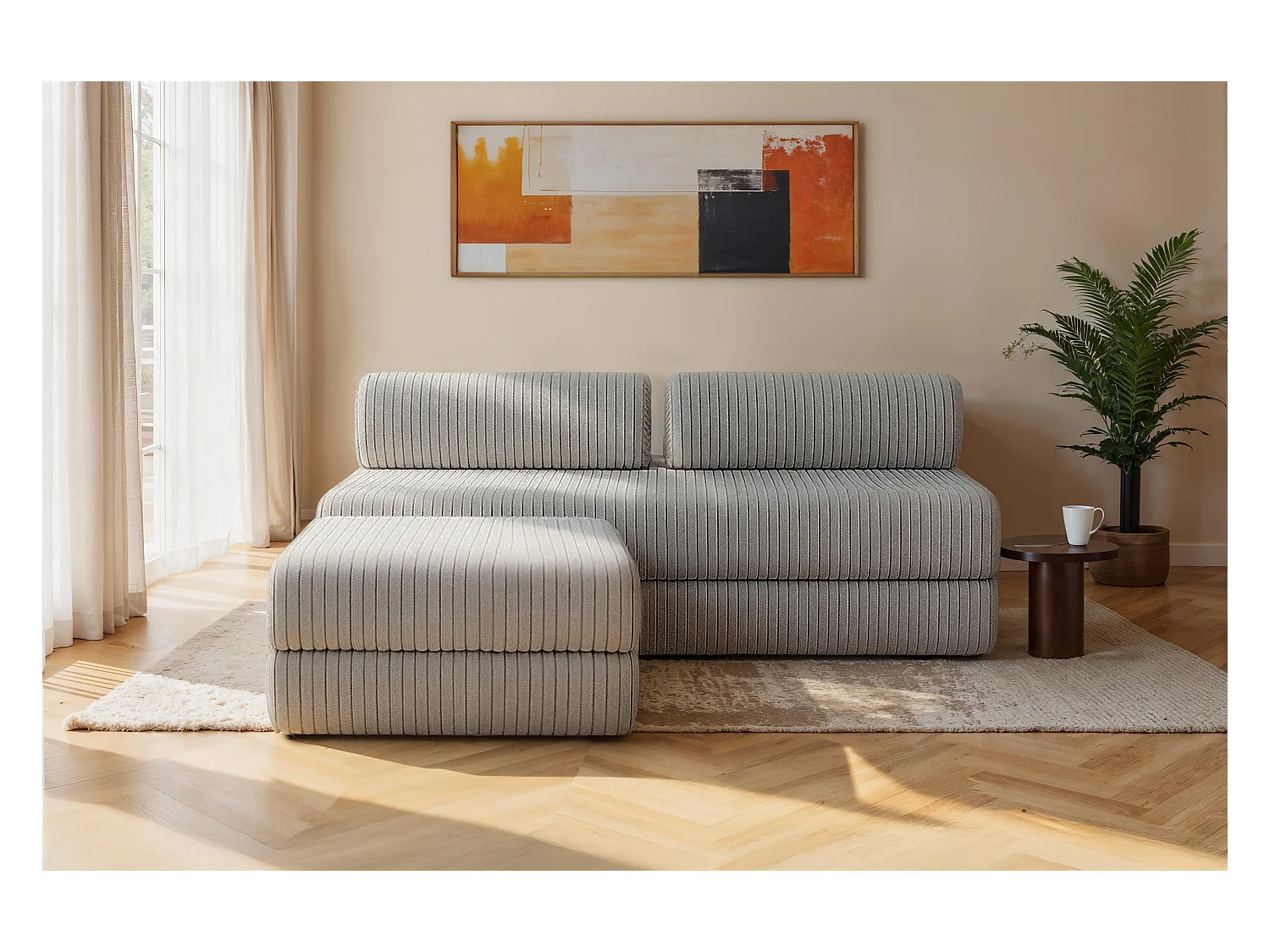 Canapé d'angle modulable et convertible 4 places - Velours côtelé XL - Gris clair