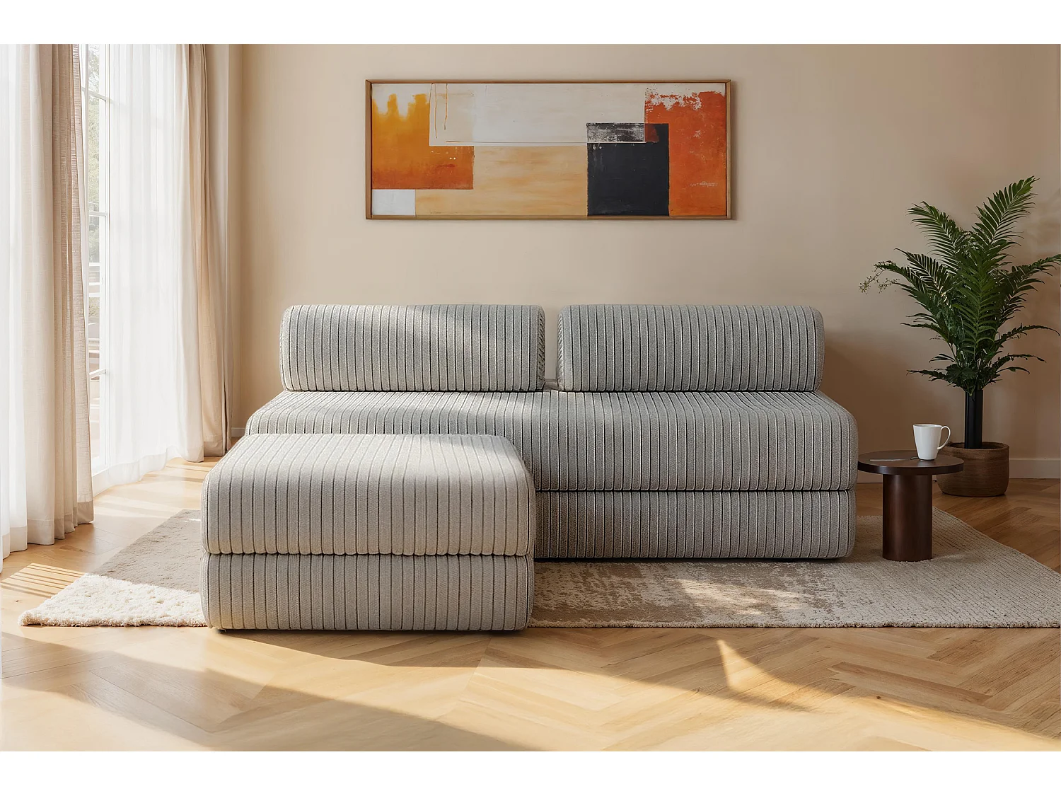 Canapé d'angle modulable et convertible 4 places - Velours côtelé XL - Gris clair