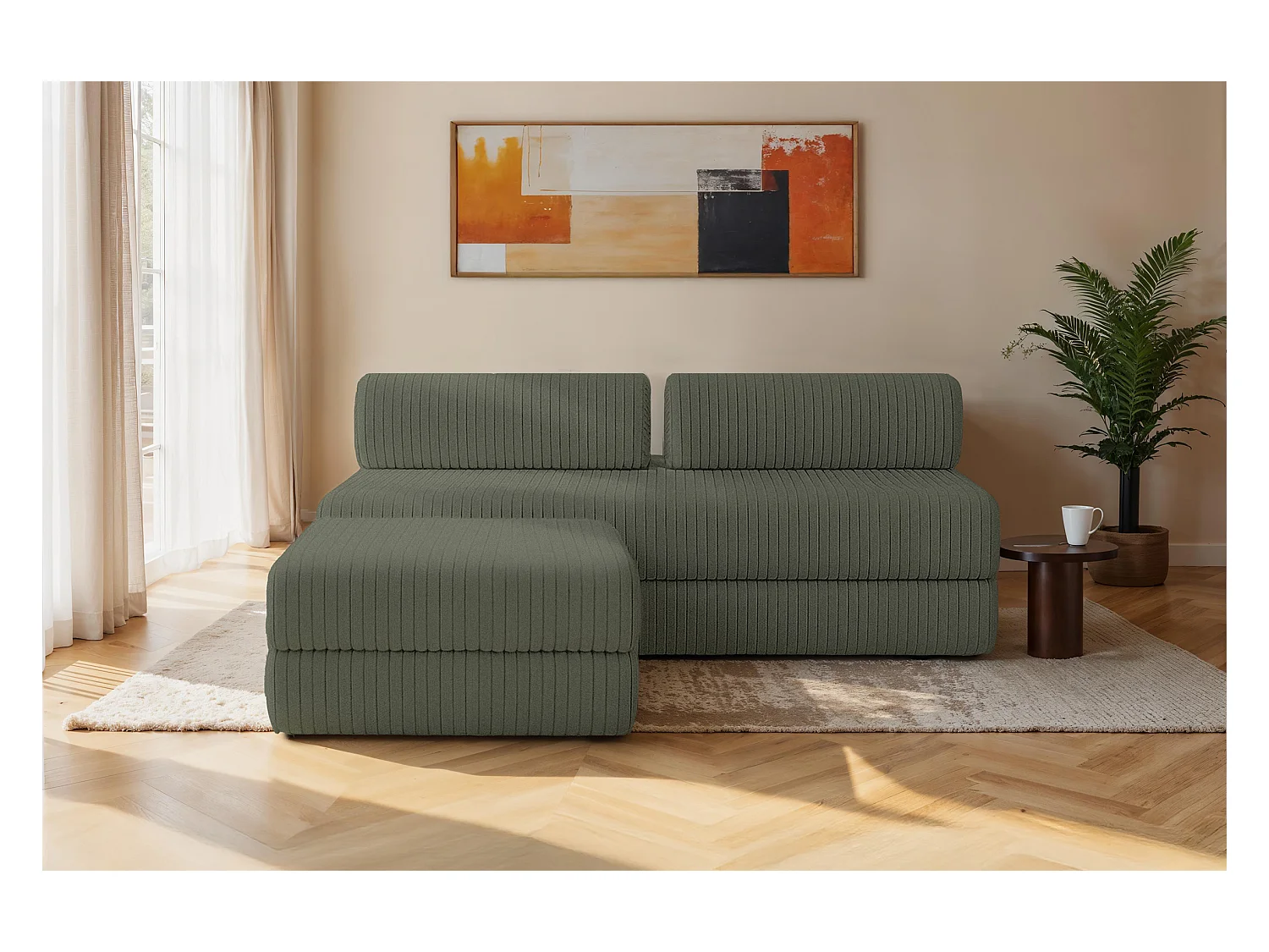 Canapé d'angle modulable et convertible 4 places - Velours côtelé XL - Vert