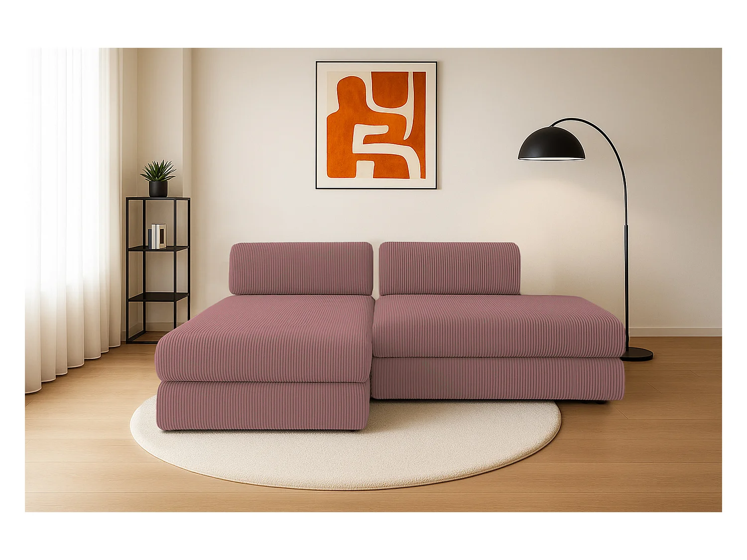 Canapé d'angle modulable et convertible 5 places - Velours côtelé - Rose