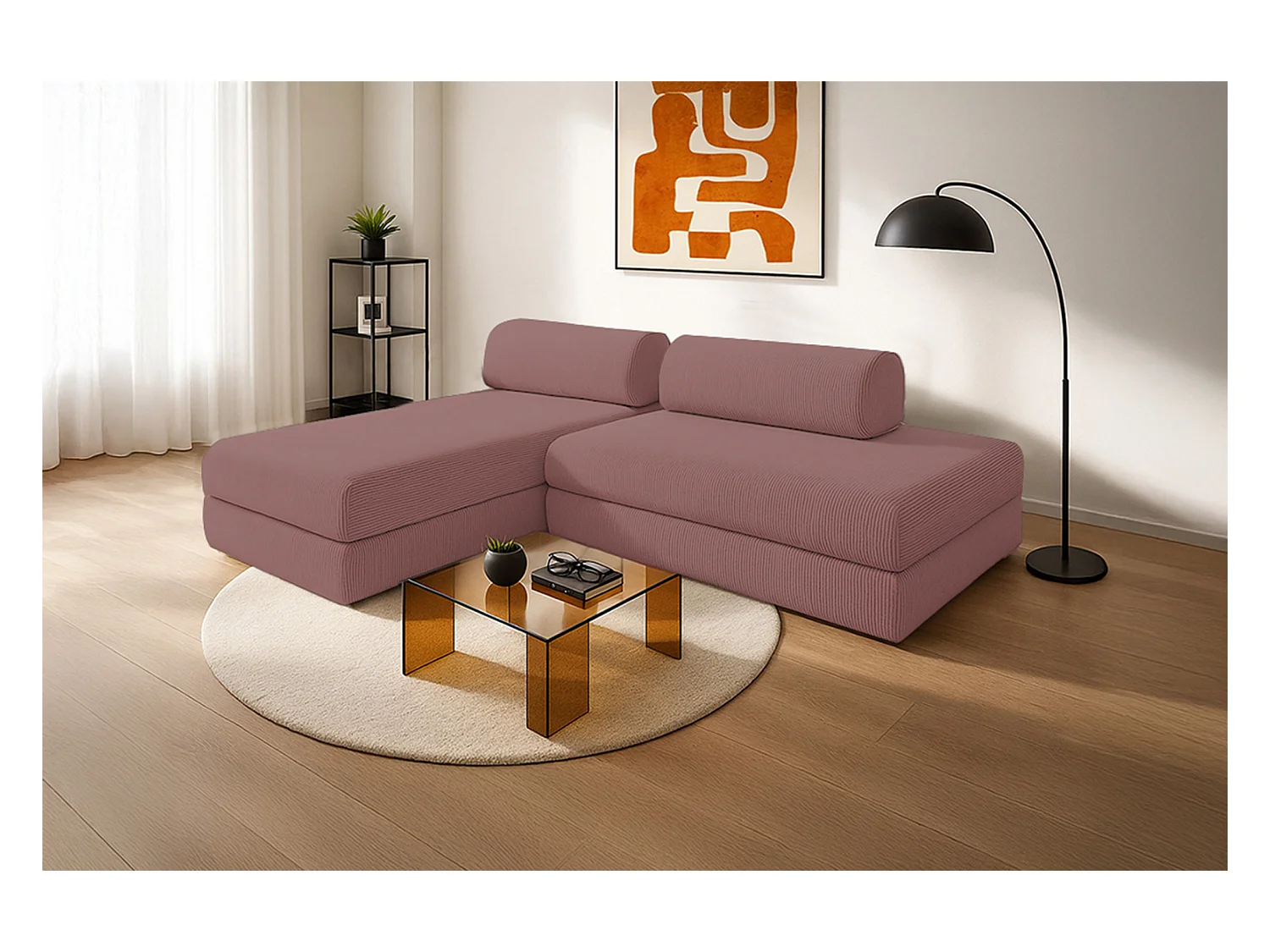 Canapé d'angle modulable et convertible 5 places - Velours côtelé - Rose