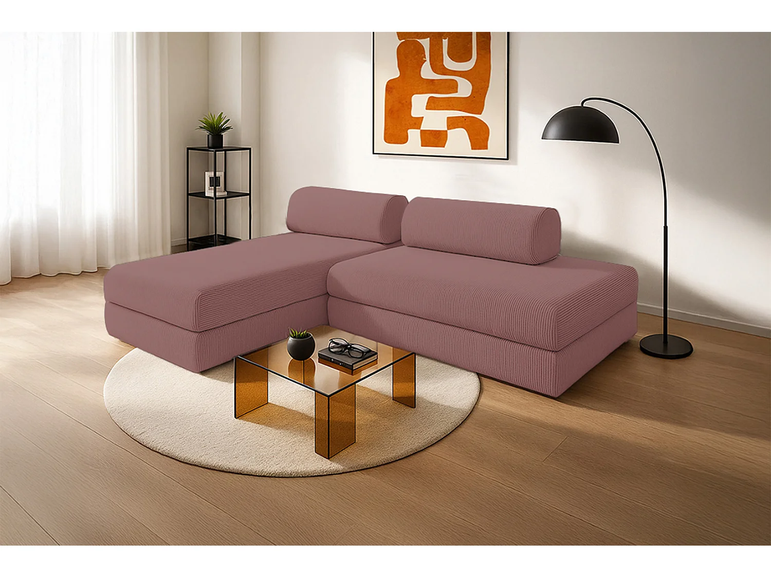 Canapé d'angle modulable et convertible 5 places - Velours côtelé - Rose